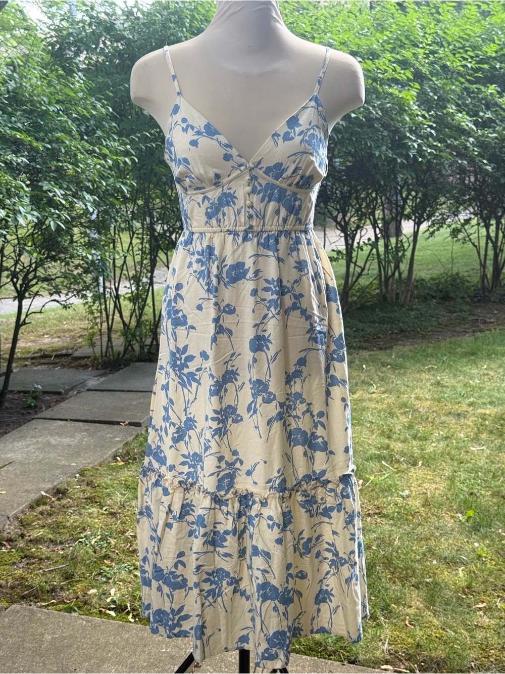 Women's Blue Floral Cream Midi Sundress - Spaghetti Strap
